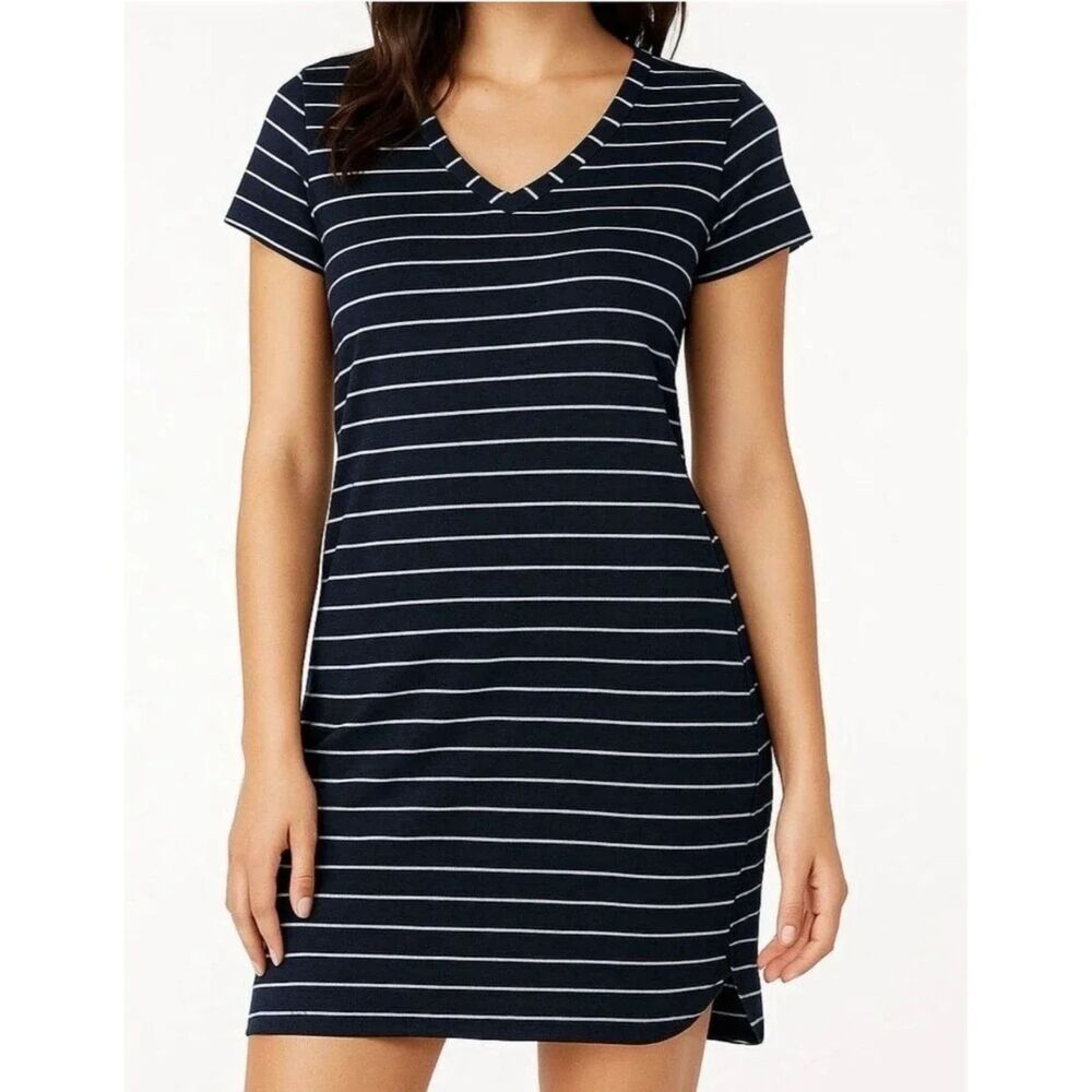 Merona Womens Black White Striped V-Neck Short Sleeve T-Shirt Shift Dress Large